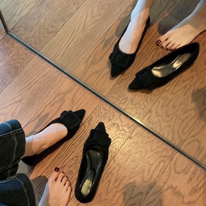 Sheepskin Version~ Square Buckle Leather Leopard Print Shoes Flat Mary Jane Shoes Women's Shallow Mouth Single Shoes Soft Sole Pointed Shoes Ladyshoes