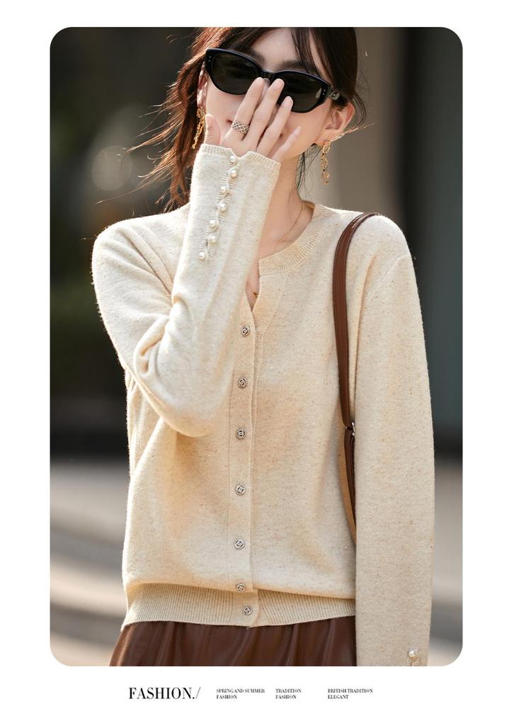 2026 Red Wool Cardigan with Sequins Lurex, Women's Long Sleeve Knit Sweater
