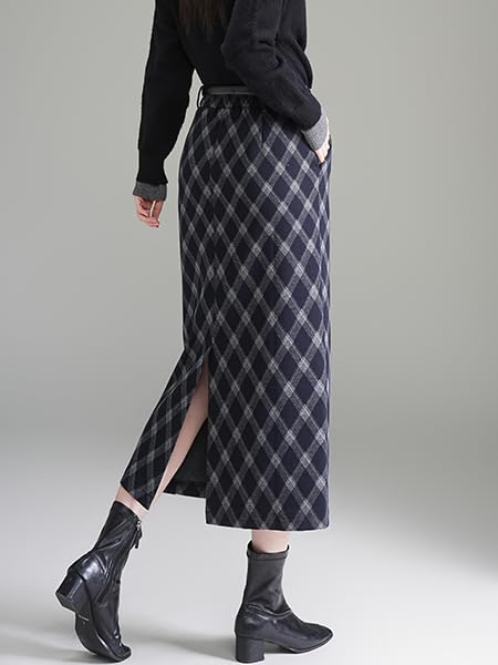 Syvent Narrow Long Plaid Plus Elastic Midi High Long Skirt with Simple ZSY111 A-Line Skirt, Skirt, Pattern, Size, Waist, Tweed, Slit, Length, Waist,