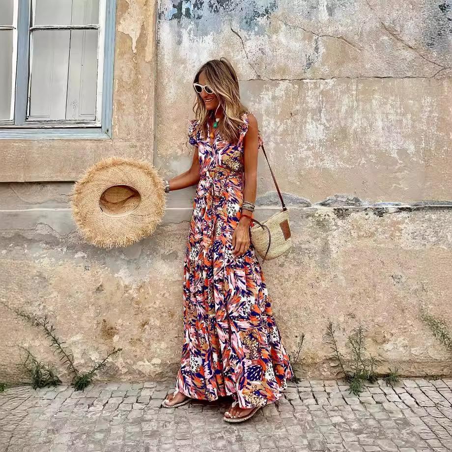 2025 spring and summer casual temperament women's printed long dress sleeveless V-neck pendulum dress