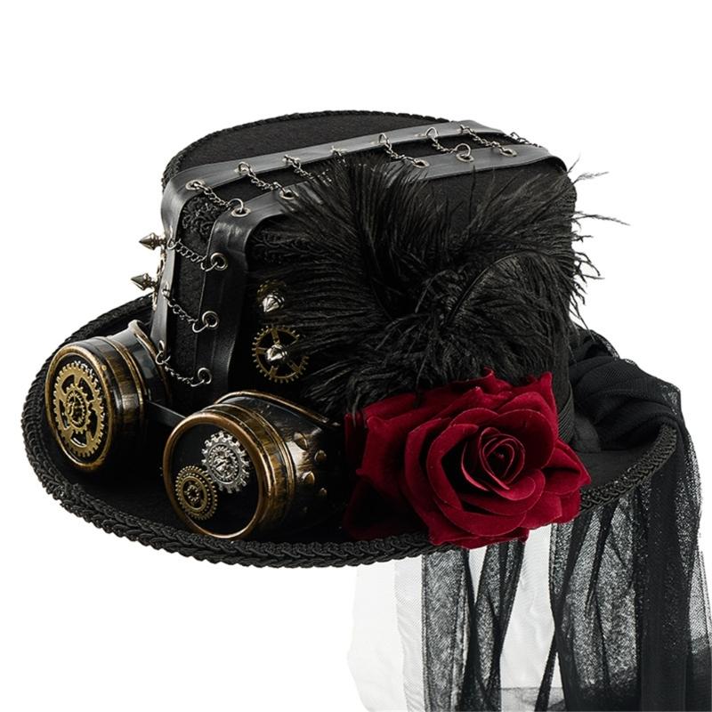 Gothic Metal Gear Hat Costume Accessory With Goggles and Rose Flower Long Veil Magicians Tall Hat for Theme Event