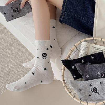 10Pair Star Socks Female Cute Cat Embroidery Tube Socks Autumn And Winter Cotton Socks Cartoon Student Stacking Socks