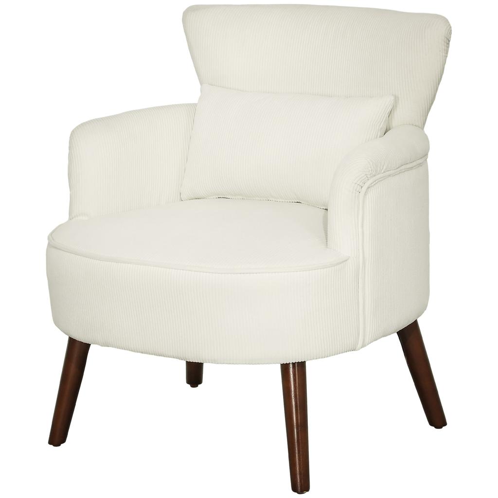 Modern Armchair, Upholstered Accent Chair with Lumbar Cushion, Rubberwood Legs, Cream White