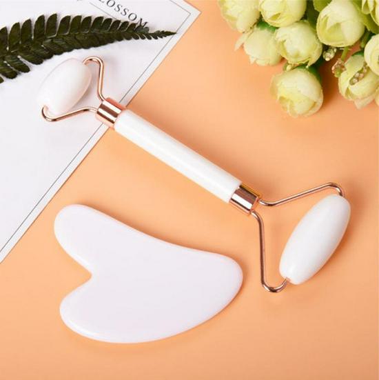 Rose Quartz Facial Roller & Heart-Shaped Gua Sha Set - Double-Headed Eye Massager and Lifting Tool.