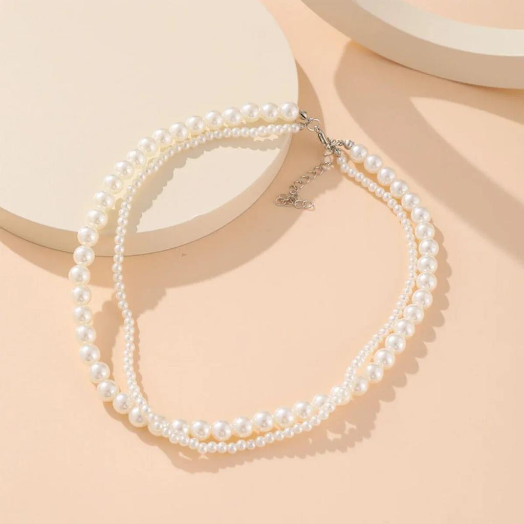 Double Layer White Round 4 8mm Shell Pearl Necklace Women's Versatile Temperament Multi Layer DIY Neck Chain Girls Jewelry