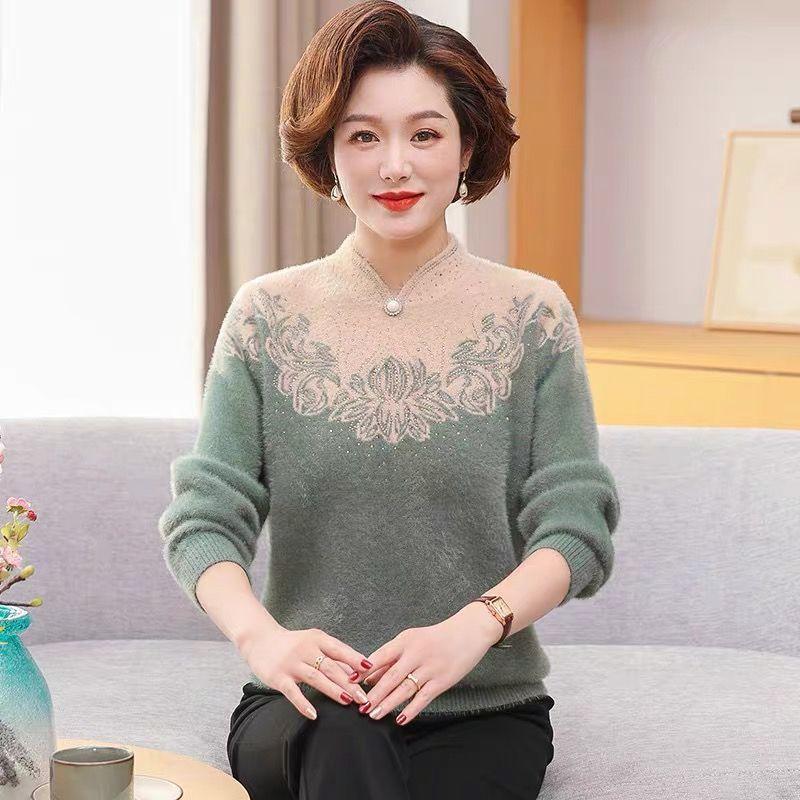 Autumn and Winter Women's Mink Fleece Sweaters Thick and Warm Plush Pullover Knitted Sweaters Stretch Print Flocked Knit Tops