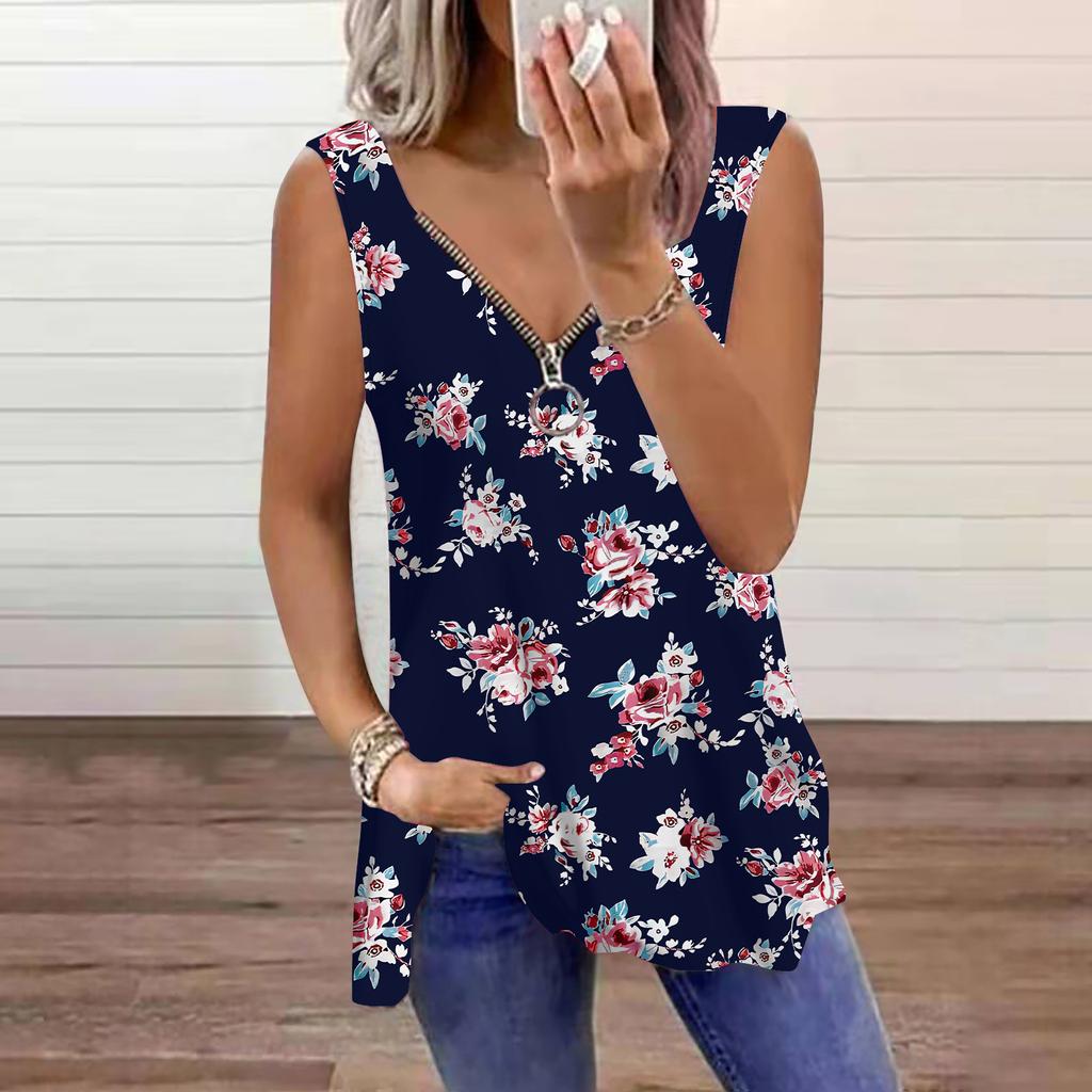 Women's Top Summer Two Tone Flower Printed Casual Plus Size Sleeveless Zipper V-neck Top Tank Top