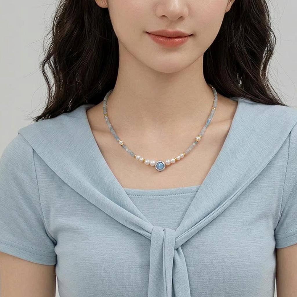 High-End Aquamarine & Freshwater Pearl Necklace for Women: Light Luxury, Versatile Clavicle Chain