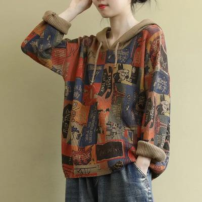 Vår och Höst Lösstickad Jacka Retro Litterär Långärmad Mångsidig Huvtröja Dam Plus Size