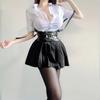 Sexy Uniforme Secreto de OL Disfraz Cosplay Atuendos de Maestra Camisa Falda Mini de Cuero Traje Juego de Rol Ropa para Discoteca Halloween
