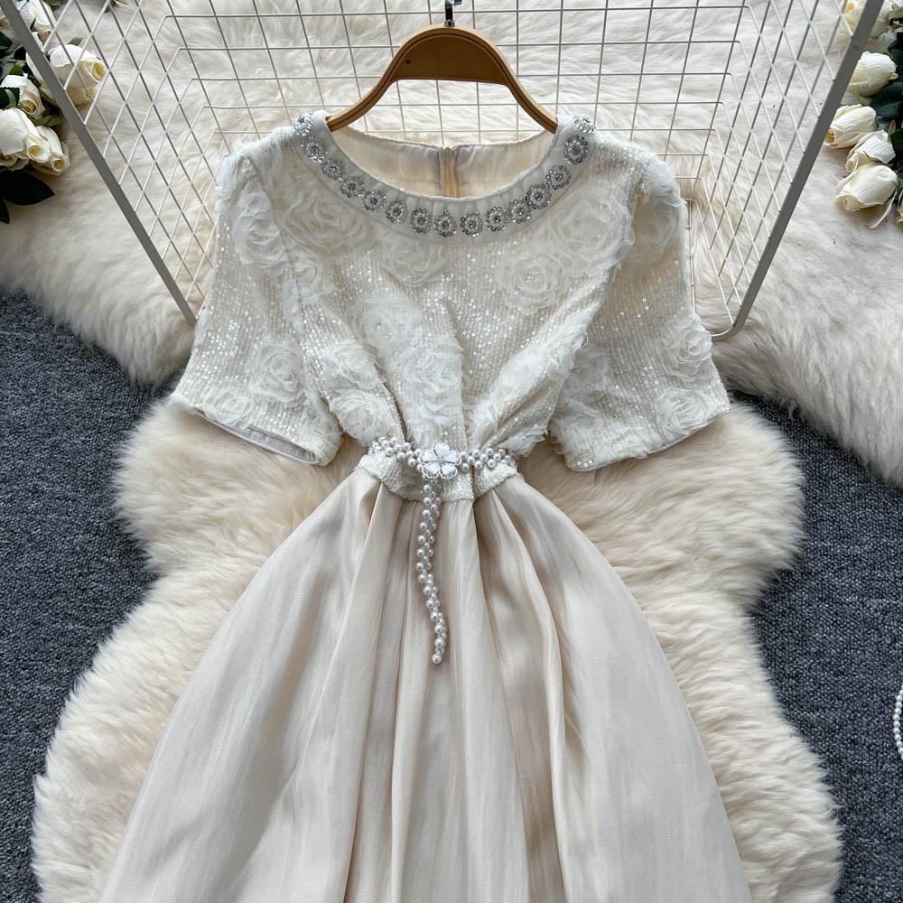 Summer Women Sweet Small Size Flower Beading Fairy Princess Party Dresses For Girl Student With Pearl Belt