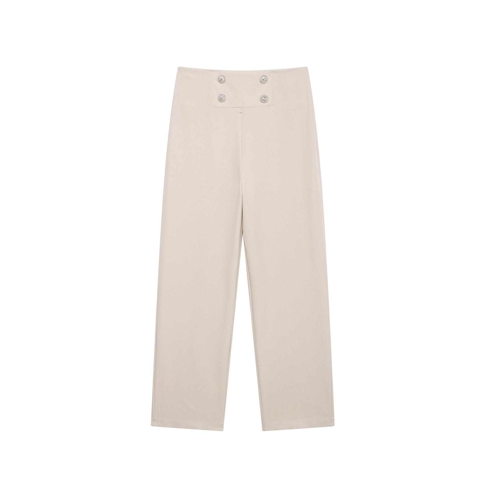 

2025 Spring Women s Slim Fit Solid Straight-Leg Pants with Button Detail M
