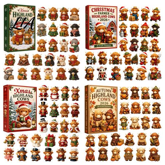 Farmhouse Style Seasonal Decor Christmas Highland Cow Advent Calendar, 24 Cute 3D Collectible Mini Thanksgiving Keepsake Gifts Figures, Holiday