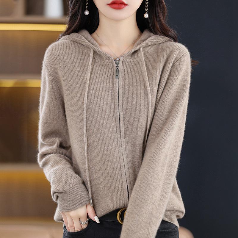2023 Autumn Women's Zippered Plush Knit Hoodie Sweater