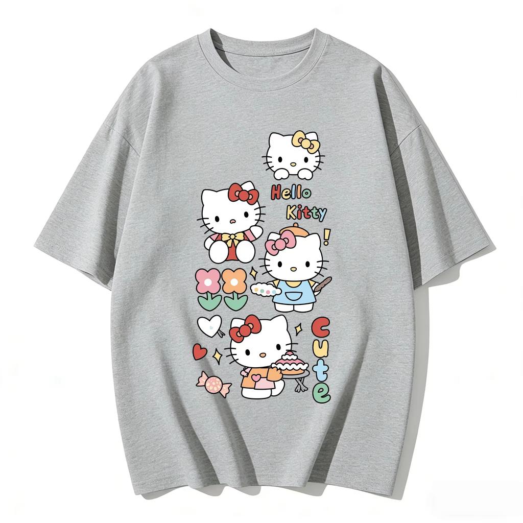 2026 New Summer HelloKitty Cute Graphic Tee Casual Short Sleeve Cotton Top for Women Girls Kawaii Cartoon Print Streetwear