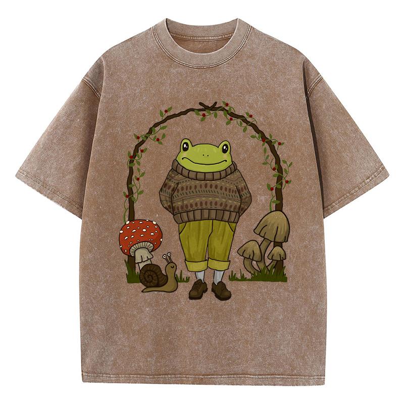 Vintage Frog Mushroom Print Woman Washed T-Shirts Breathable Cotton T-Shirt Casual Short Sleeve Summer Oversized