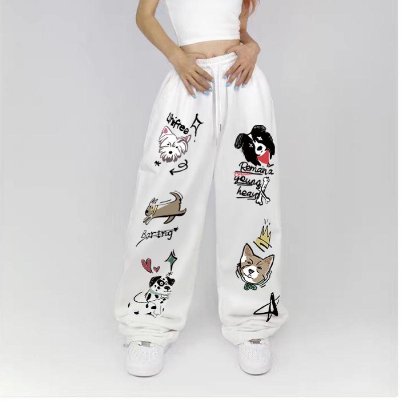 Trendy Women's High-Waist Loose Fit Puppy Casual Sweatpants for Spring & Autumn, Straight Leg American Mop Style.