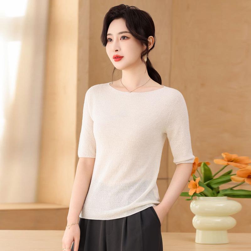 Lekasha Women's Off-Shoulder Fine Wool Sweater - Spring Style, Loose Fit, Mid-Sleeve, Five-Point Sleeve Base Layer