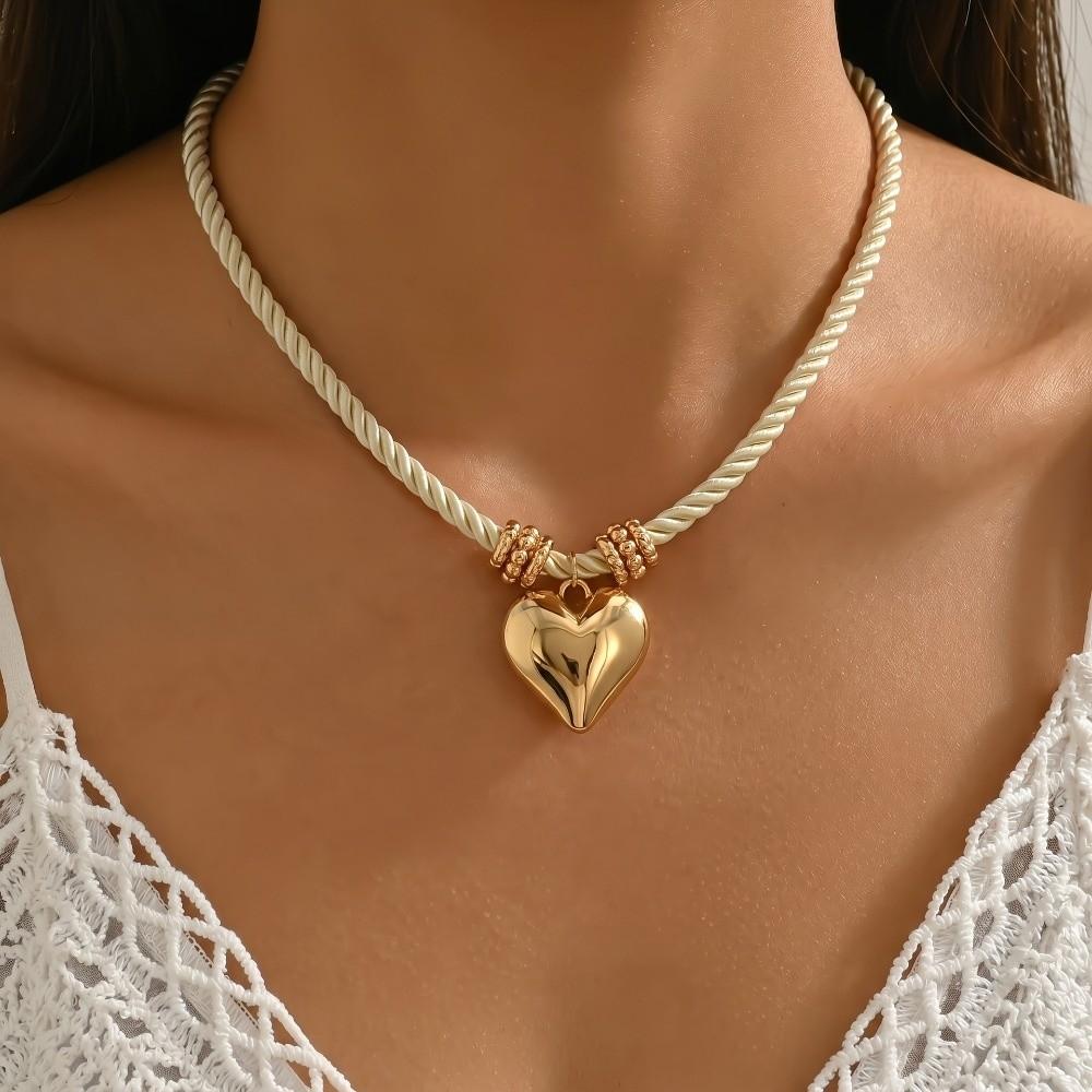 Heart-Shaped Starfish Pendant Necklace Golden Braided Thick Rope Choker Beach Vacation