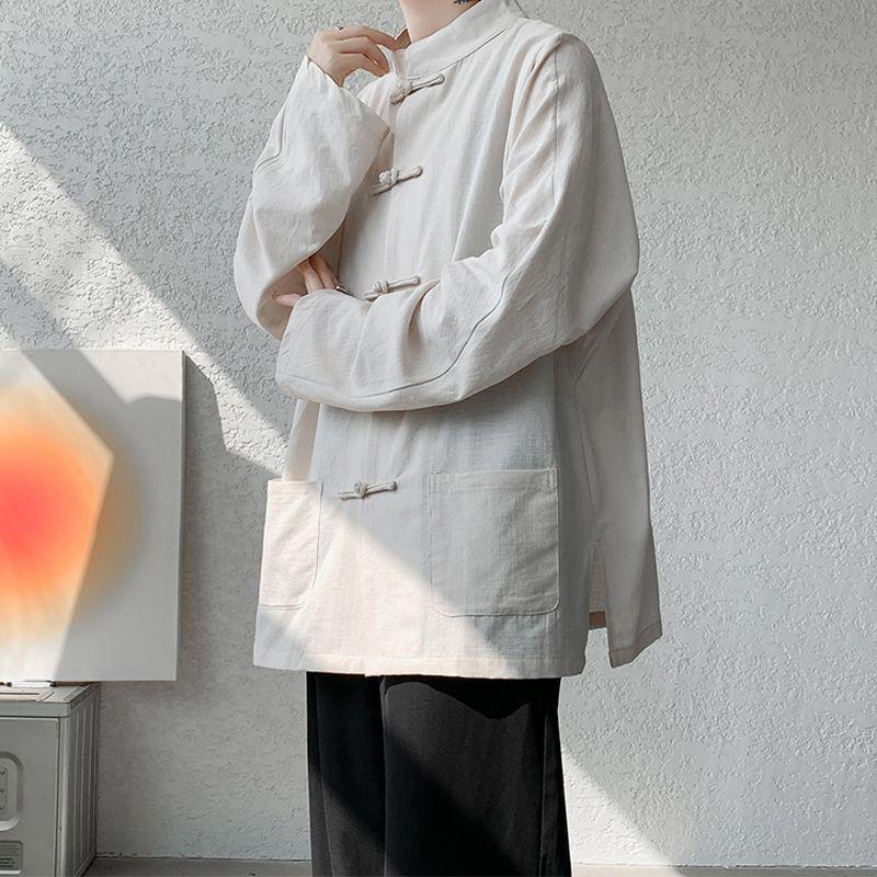 Men's Plus Size Cotton Linen Mandarin Collar Shirt with Frog Buttons