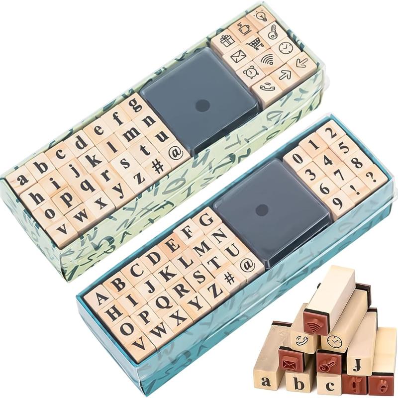 80 Pcs Tampons en Bois pour Lettre, Ensemble de Tampons de Lettres Bois avec Chiffres, Symboles et Tampon Encreur pour DIY Cartes de Vœux/Scrapbooking Pack of 2