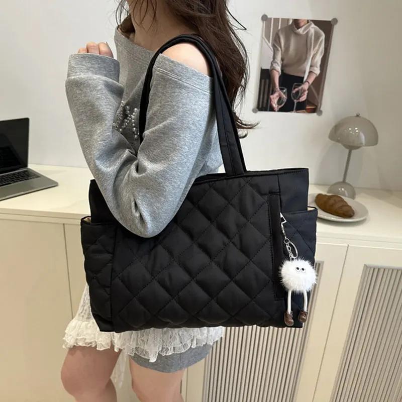 Large Capacity Rectangular Single Shoulder Bag Korean Style Commuter Tote Handbag for Women Lightweight Casual Cotton