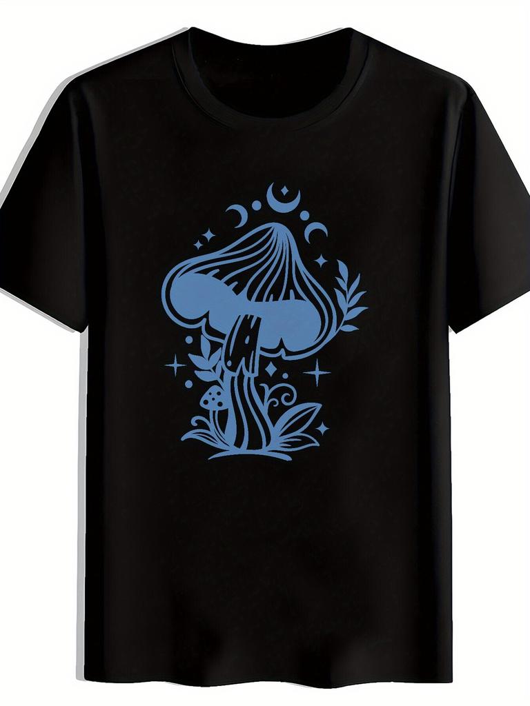 Blue Mushroom Celestial Graphic Tee Mens Casual Cotton Short Sleeve TShirt Breathable Summer Crew Neck