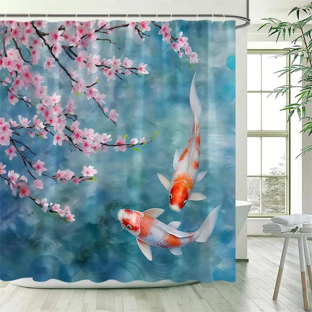 

Pink Floral Carp Shower Curtains Watercolour Cherry Blossom Flowers Koi Fish Polyester Fabric Bathroom Curtain Decor with Hooks 90x180cm-35x70in
