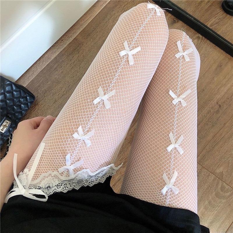 Women Jk Girl Cute Bowknot Tights Lolita Pantyhose Sexy Lace Mesh Fishnet Thigh High Stockings Club Party Cosplay Kawaii Hosiery