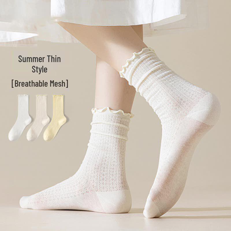 Women's Korean-Style Ruffle Mesh Maternity Socks - Breathable Cotton, Mid-Calf, Loose Cuff, Summer Socks