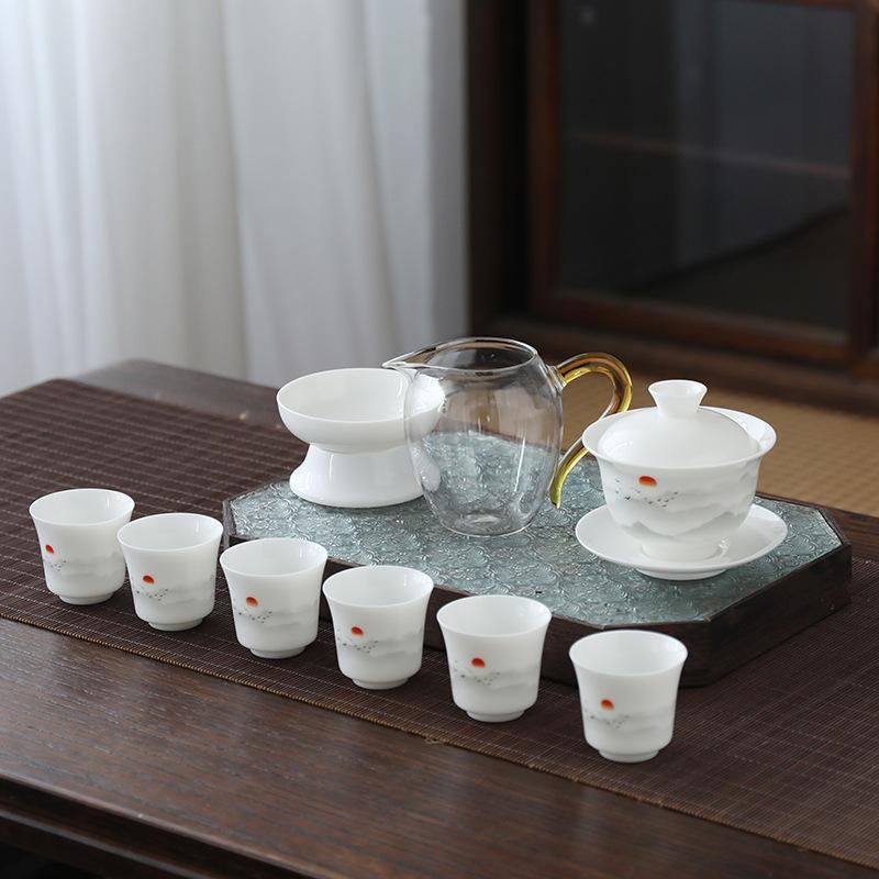 Ceramic suet jade porcelain kung fu tea set business company banking enterprise festival high-end gifts