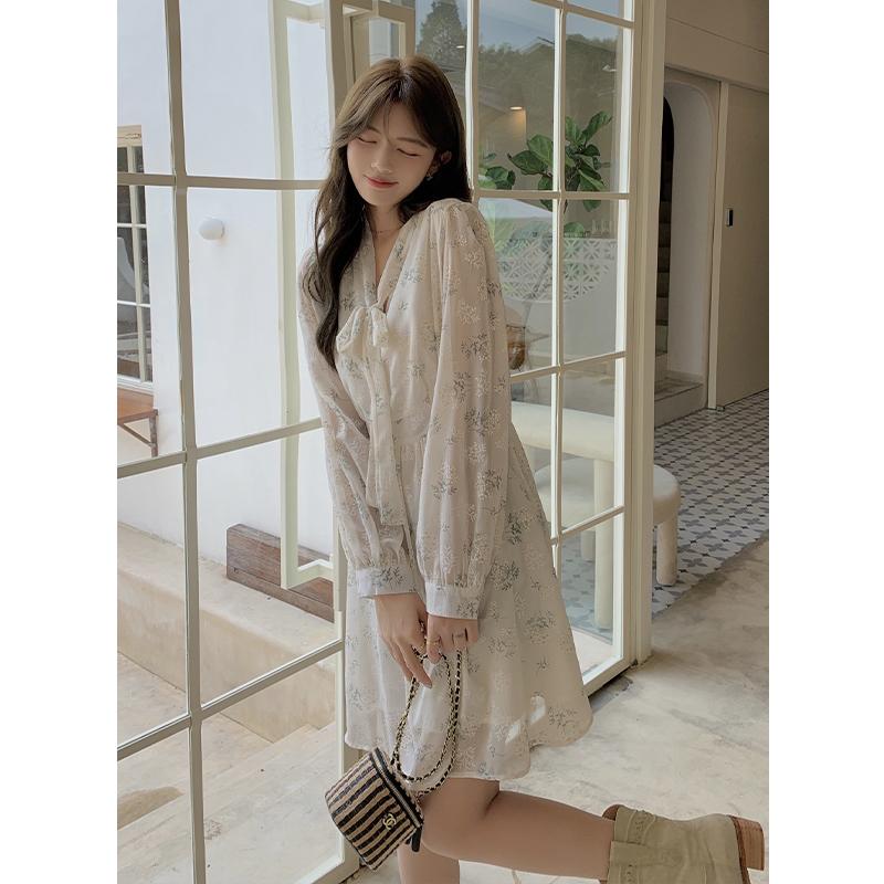 Spring Korean Style Women Long Sleeve Party Dress Autumn Floral Print Elegant Maxi Dresses Vintage Lady Lace-up Clothe