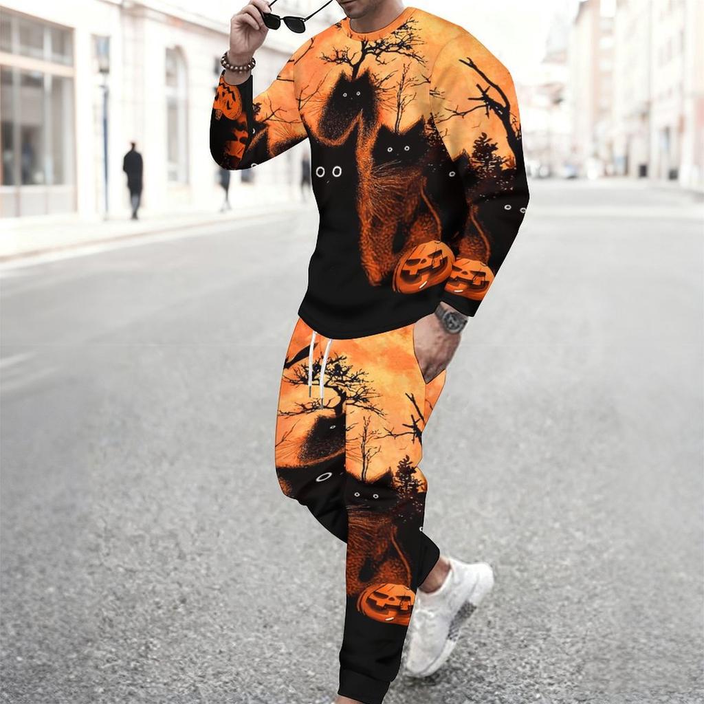 Men Bright Purple Color Block Haunted Castle Bat Print Long Sleeve Sweatshirt Jogger Pants Two Piece Suit