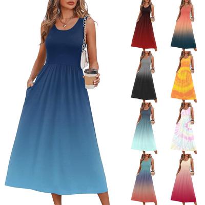 Fashionable Women's Summer Dress with Gradient Print, Elegant Casual Wear, Beach Vacation Sun Skirt with Pocket
