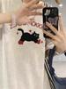 Women's Plus Size Retro Cartoon Kitten Cotton T-Shirt, Summer 2025 Collection, Short Sleeve, Off-Shoulder, Loose Fit.