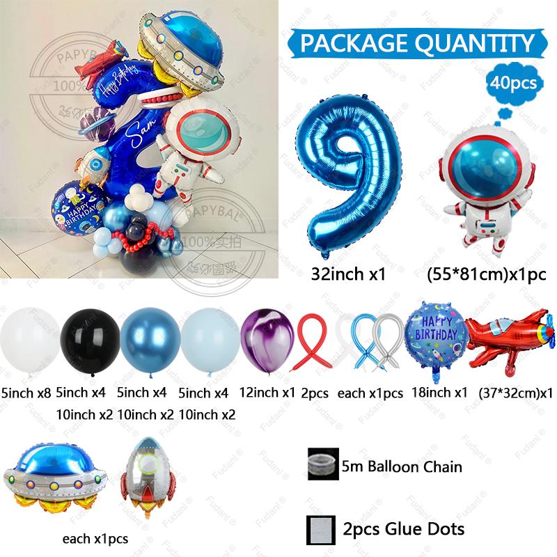 Astronaut Rocket Balloon Blue Space Theme 32inch Number Balloon Set Birthday Party Decoration Children's Baptismal Balloon Gifts
