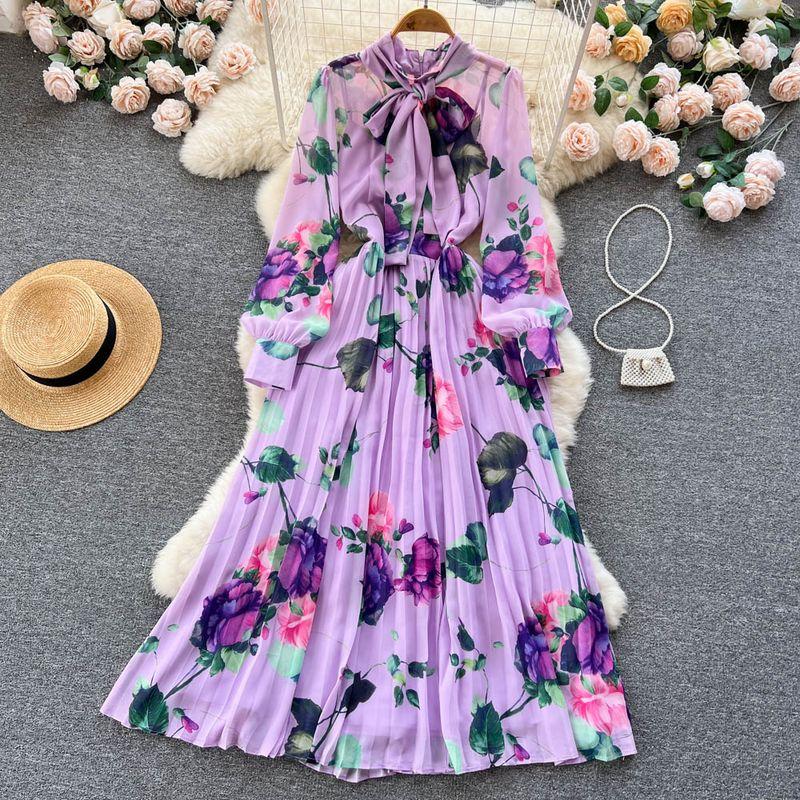 

Spring and Autumn New Arrival Retro Ethnic Style Scarf Collar Long Dress Flower color L