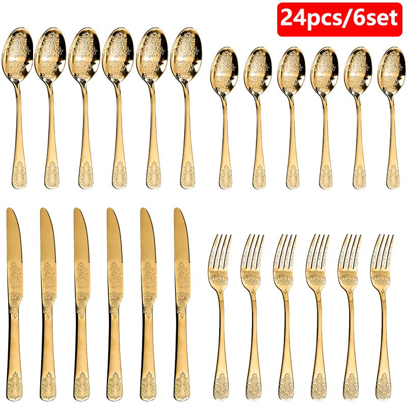 16/24Pcs Silverware Set,304 Stainless Steel Gold Cutlery Kit Mirror Polished Flatware Sets Vintage Carved Utensils Set Tableware
