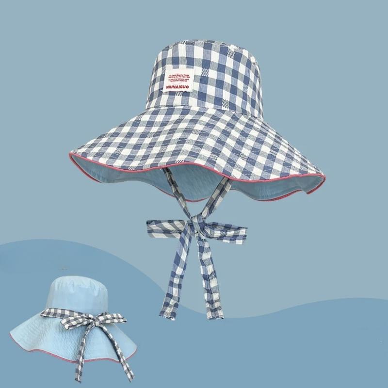 Women's Summer Korean Style Ins Plaid Lace-Up Bucket Hat Large Brim Reversible Sun Protection Outdoor Travel Sun Hat