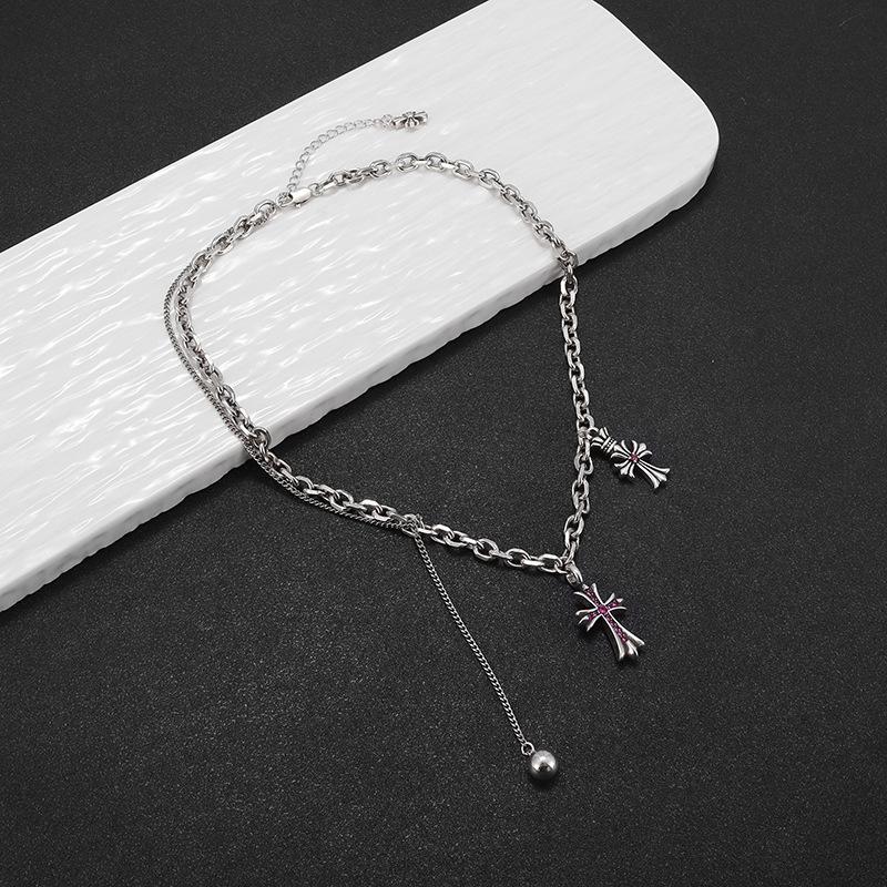 Ny retro rosa diamant kors kors blomst anheng halskjede hip-hop nisjedesign genserkjede