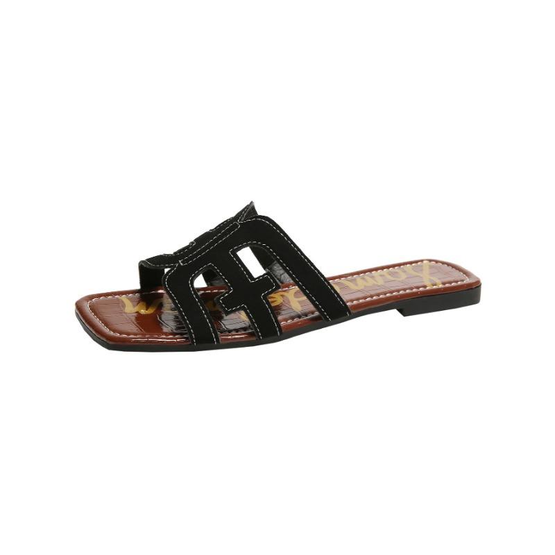 Women's Hollow Out Flat Slides, Retro Square Open Toe Summer Shoes, Casual Outdoor Beach Slides