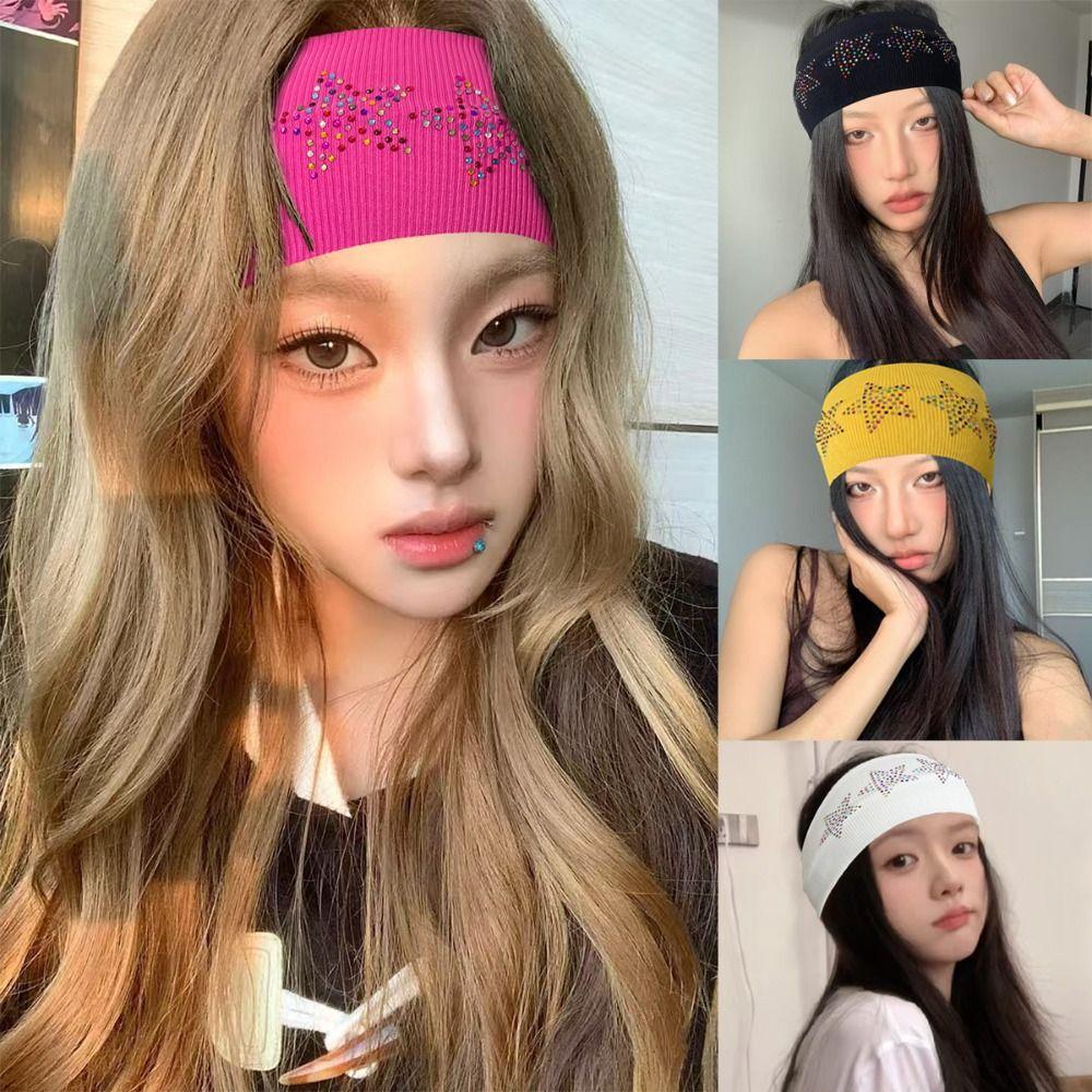 Sweat Absorbing Rhinestone Star Headband Soft Sports Hairband Elastic Headband  Women