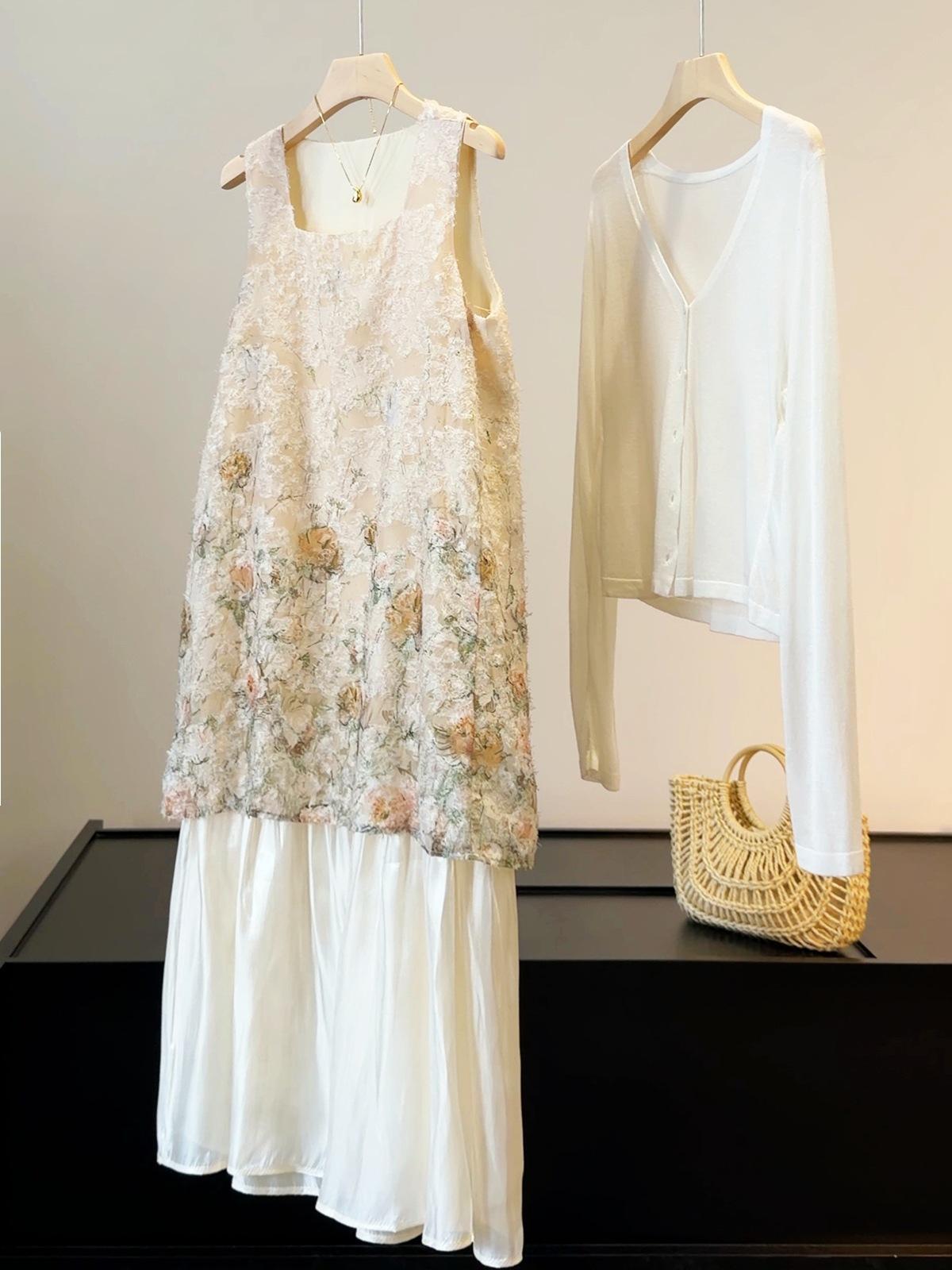 Women s Square Neck Sleeveless Midi Dress Loose High Waist Casual Floral Print Chiffon Layered Slip Dress SIZE