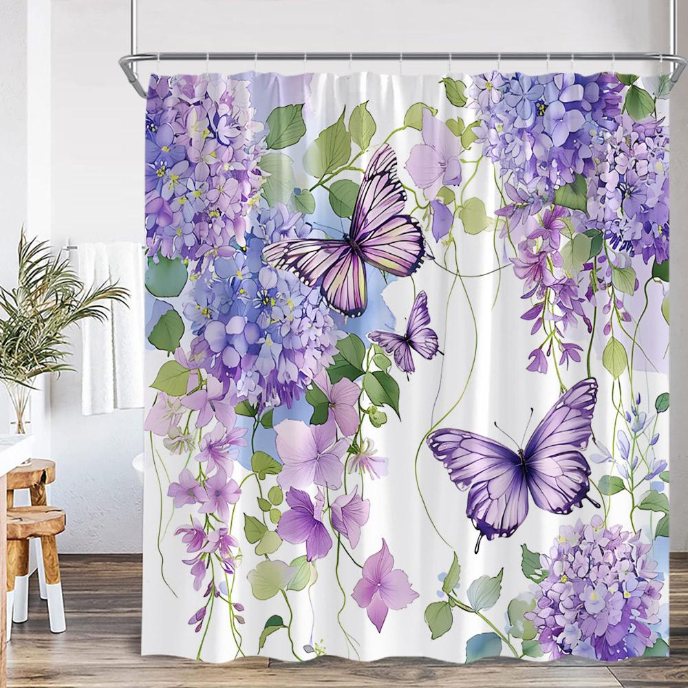 Butterfly Shower Curtains Multicolored Flowers Pastoral Floral Bathroom Decorations Rustic Polyester Bath Curtains with Hooks