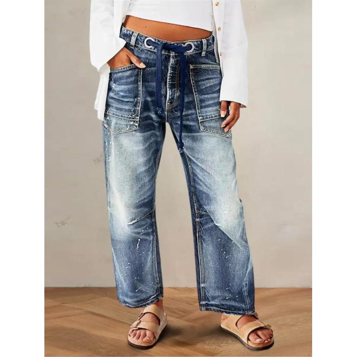 

Label Code Women s Retro Wide-Leg Jeans with Drawstring Waistband – Fashionable 2025 Style S