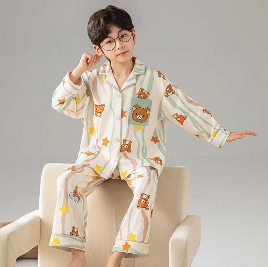 2026 Cotton Kids' Pajama Set: Long Sleeve Lapel Cardigan for Boys & Girls - Spring, Autumn, Winter