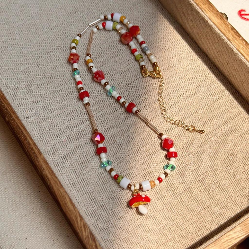Summer Cute Cartoon Fruit Red Mushroom Pendant Colorful Bead Choker Necklace Women Aesthetic Y2K Neck Jewelry Accessories Gift
