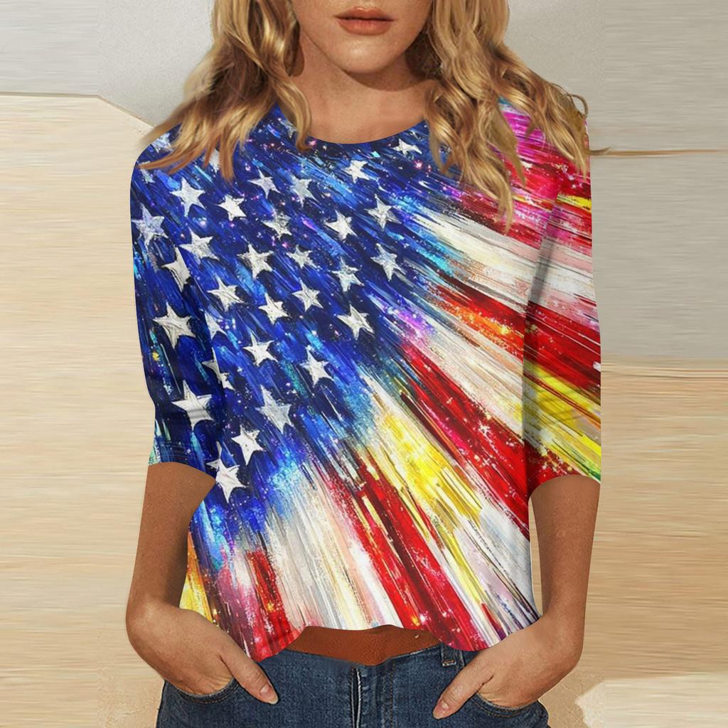 Women's Independence Day Print Round Neck Seven-Eighths Sleeve Top