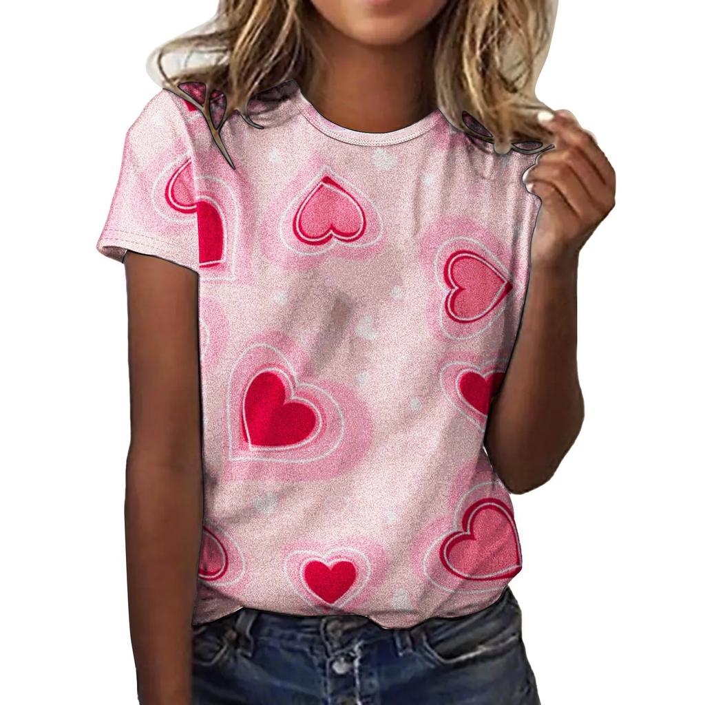 Summer Round Neck 3D Love Flower Print Top Fashionable Casual Short Sleeved Women's T-shirts