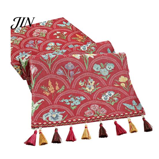 Classic Style Table Runner Jacquard Floral Runner, Vintage with Tassel Edges, Heat Resistant Farmhouse for Wedding Baby Shower Dining Decor